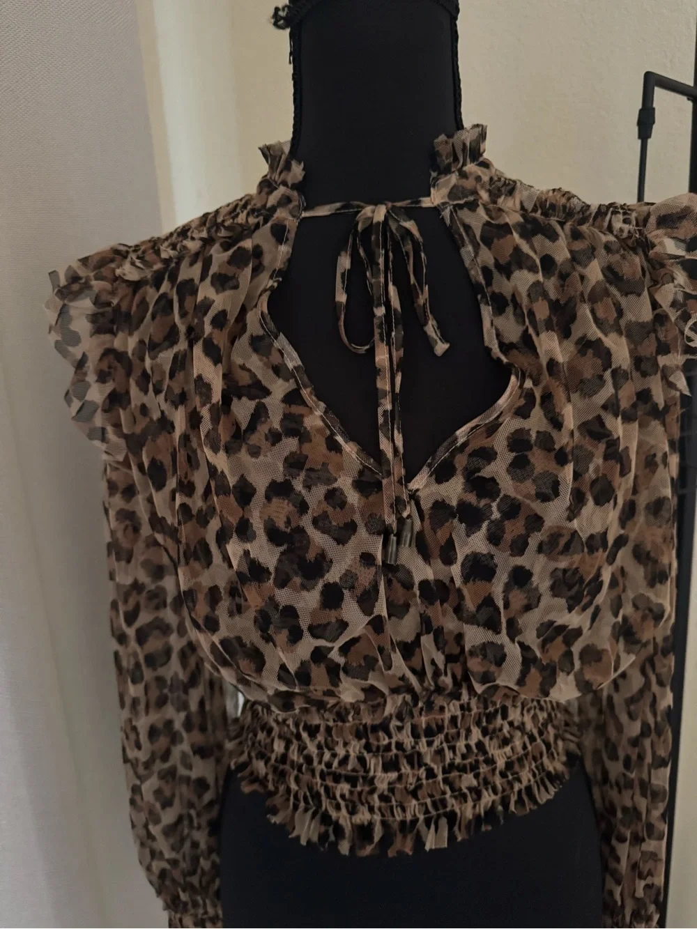 Free People Twyla Leopard Mesh Smocked Blouse Top XS Boho Romantic